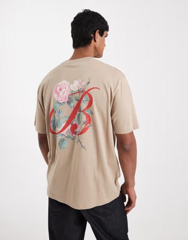 エイソス メンズ トップス Tシャツ フラワー柄 フラワー グラフィック ASOS DESIGN relaxed tshirt with digital floral graphicrockery ベージュ