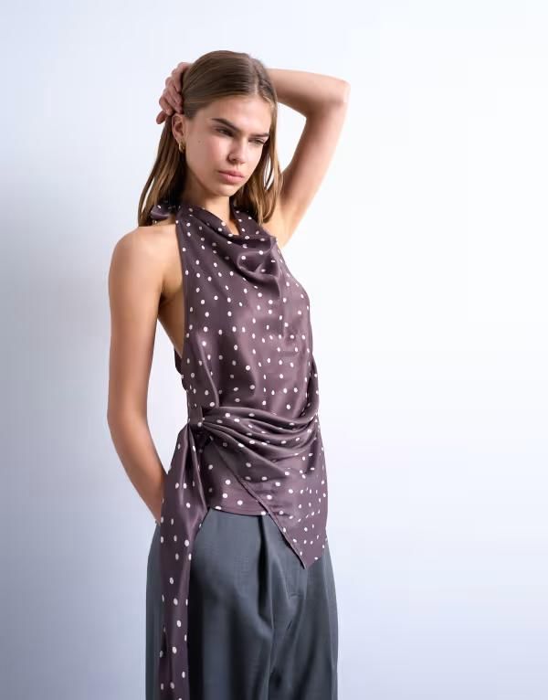 トップショップ レディース トップス タンクトップ ドット柄 ドレープ ドット サテン Topshop satin draped cowl neck top in polka dot Polka Dot ドット