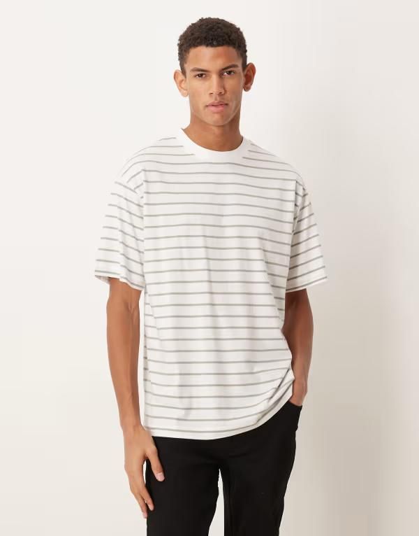 エイソス メンズ トップス Tシャツ リラックスフィット ASOS DESIGN relaxed fitshirt and gray stripe White gray ホワイト
