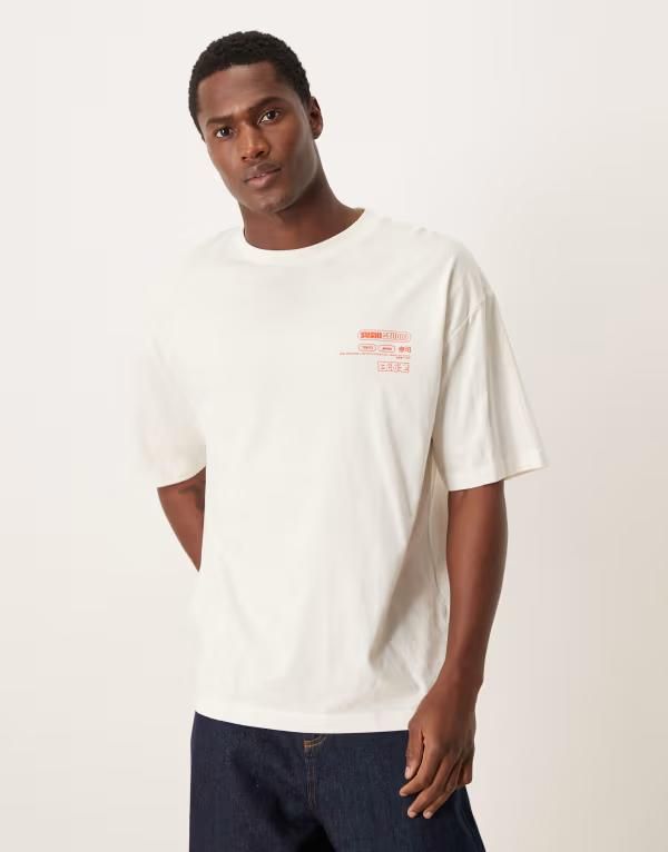 エイソス メンズ トップス Tシャツ グラフィック ASOS DESIGN oversized tshirt with sushi studio graphics Coconut milk ホワイト