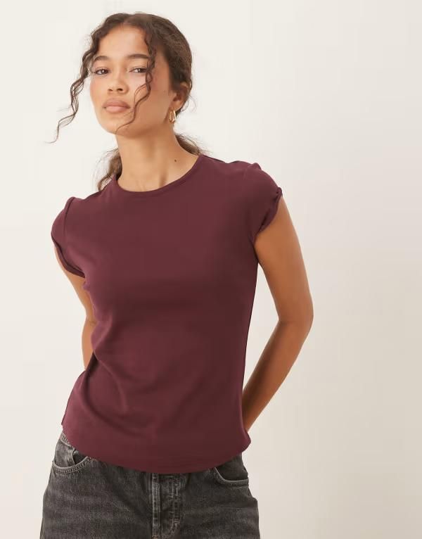 マンゴ レディース トップス Tシャツ コットン キャップ Mango cotton cap sleeve tshirt Burgundy バーガンディ