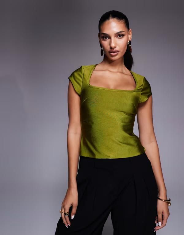 エイソス レディース トップス Tシャツ キャップ ASOS DESIGN bandage cap sleeve square neck top Green グリーン