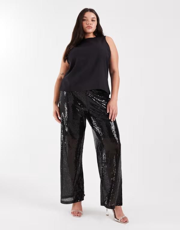 オンリーカーブ レディース ボトムス カジュアルパンツ ハイウエスト スパンコール ONLY Curve high waist pull on sequined pants Black ブラック