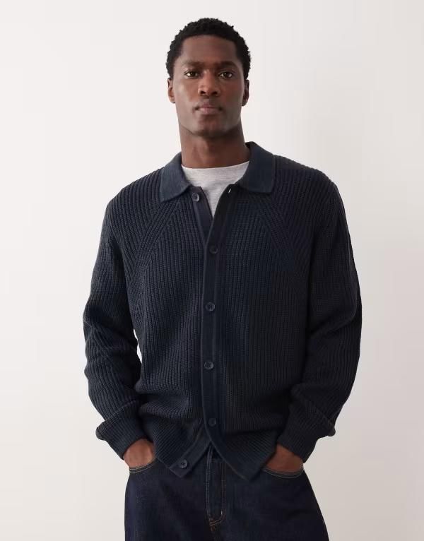 エイソス メンズ アウター カーディガン リブニット ASOS DESIGN relaxed rib knit button up cardigan in heathered NavyBlack ブラック