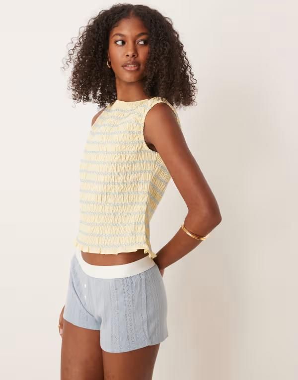 エイソス レディース トップス タンクトップ コントラスト ASOS DESIGN shirred tank top with contrast stitching in yellowイエロー