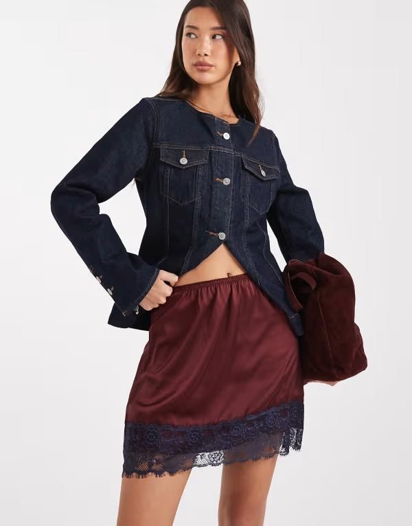 エイソス レディース ボトムスカート レーストリム ミニ レース ASOS DESIGN lace trimini skirt and Burgundy バーガンディ