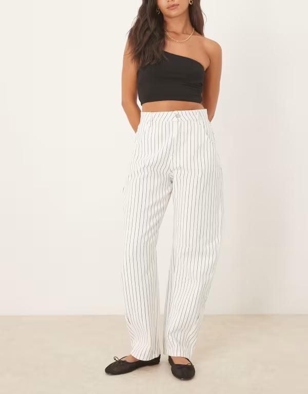 エイソス レディース ボトムス デニムパンツ ジーンズ ASOS DESIGN high waisted barrel leg jeans in ecru stripes ecru エクリュ