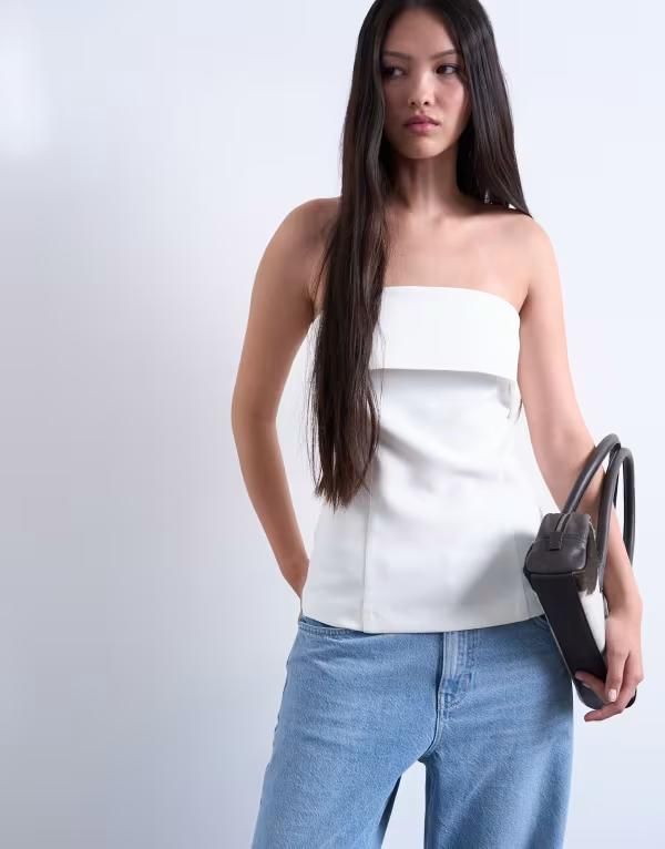 トップショップ レディース トップス タンクトップ Topshop foldover long line top bandeau IVORY アイボリー