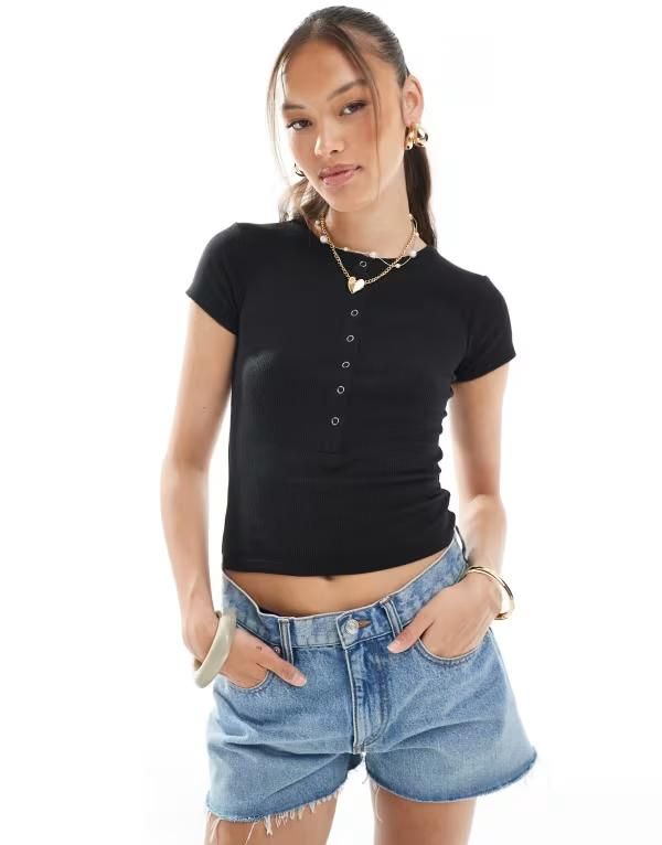 コットンオン レディース トップス Tシャツ Cotton henley short sleeve tee Black ブラック