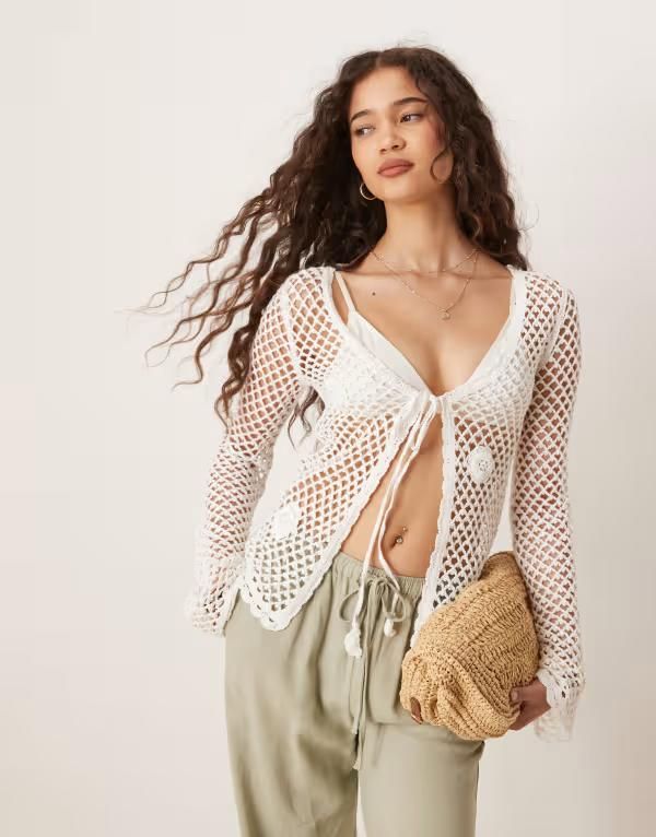 マンゴ レディース アウター カーディガン コットン Mango cotton tie front long sleeve crochet cardigan with rose details WHITE ホワイト