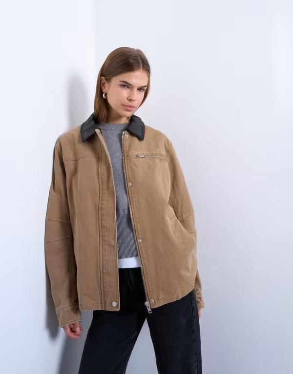 トップショップ レディース アウター ジャケット・ブルゾン コントラスト Topshop zip up tan barn jacket with contrast PU collar in tan タン