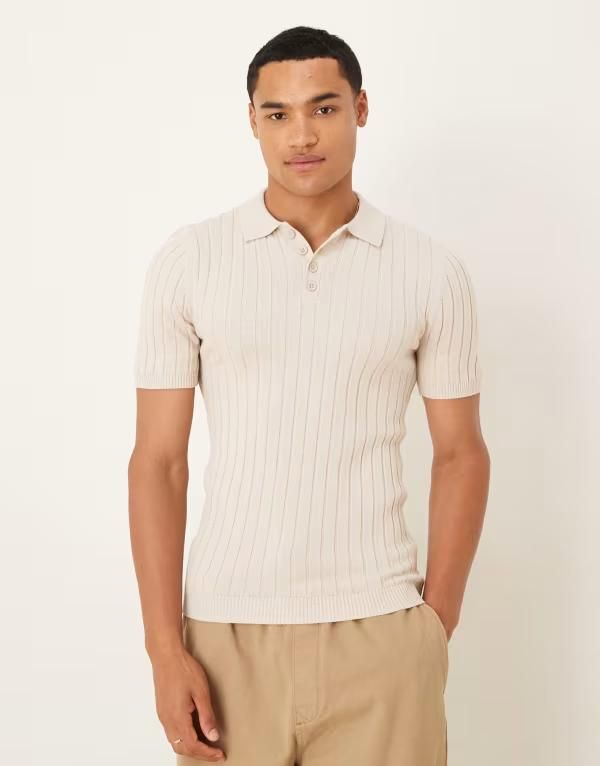 エイソス メンズ トップス ポロシャツ リブニット Tシャツ ニット ASOS DESIGN muscle fit rib knit polo tshirt in stone STONE ストーン