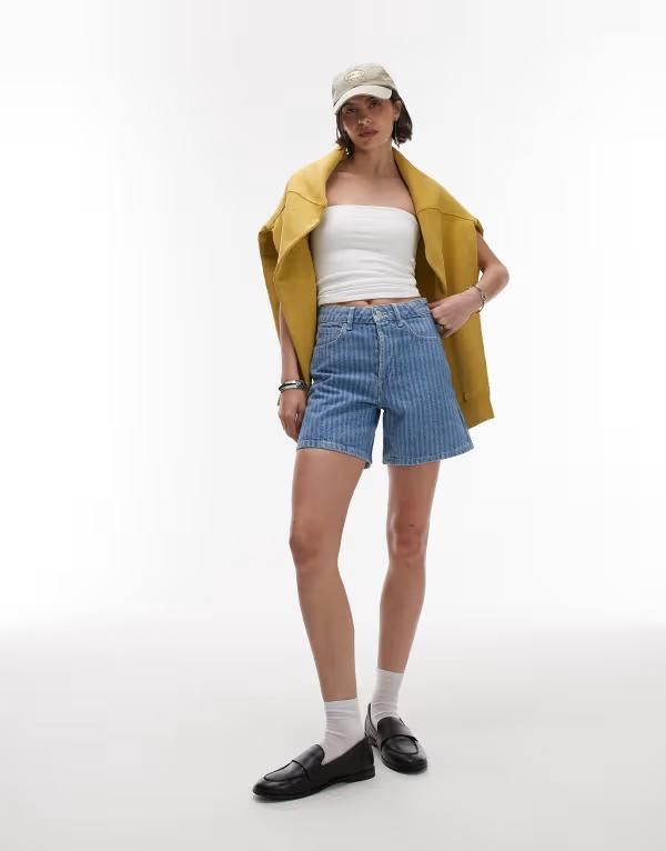 トップショップ レディース ボトムス ハーフパンツ・ショーツ ショートパンツ デニム Topshop denim Editor shorts in bleach stripe ストライプ