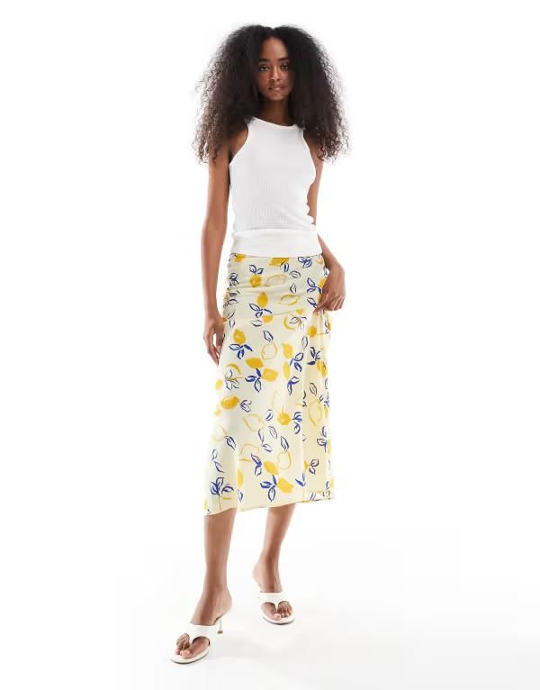 ウェンズデーガール レディース ボトムス スカート プリント Wednesdays Girl lemon print bias cut midaxi skirt in yellowイエロー