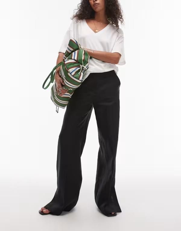 アンドアザーストーリーズ レディース ボトムス カジュアルパンツ ワイドレッグ パンツ リネン Other Stories linen pullon wide leg pants with box pleat detail Black ブラック