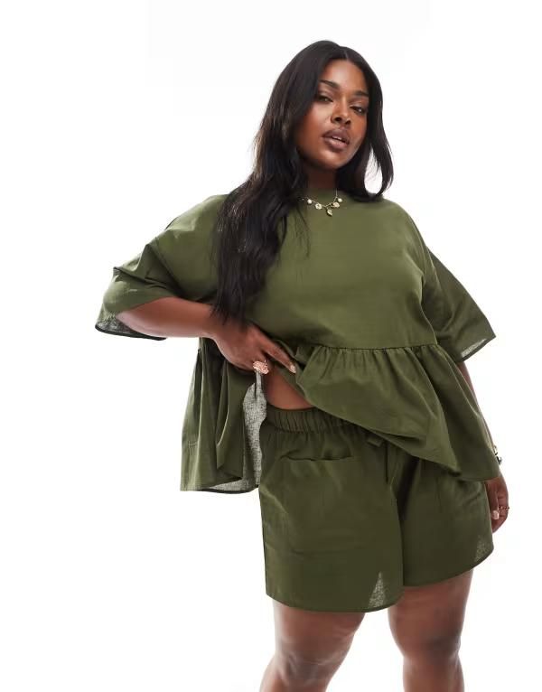 エイソス レディース ボトムス ハーフパンツ・ショーツ ショートパンツ ASOS Curve ASOS DESIGN Curve pocket detail shorts set khaki カーキ