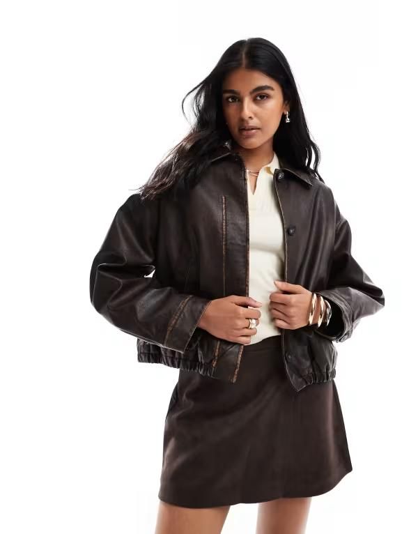 エイソス レディース アウター ジャケット・ブルゾン ヴィンテージ レザー ASOS DESIGN vintage wash leather look bomber jacket Brown ブラウン