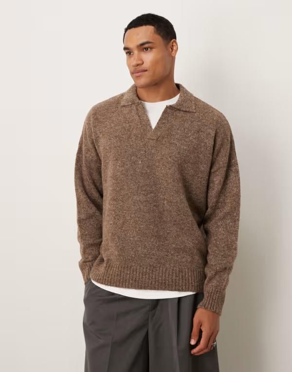 エイソス メンズ トップス ポロシャツ ニット ASOS DESIGN super oversized boxy fit knit notch neck polo heather Brown marl マール