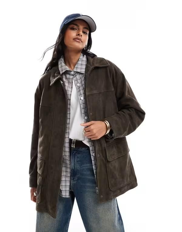 エイソス レディース アウター ジャケット・ブルゾン レザー ジャケット ASOS DESIGN leather harrington barn jacket in dark olive Dark olive オリーブ