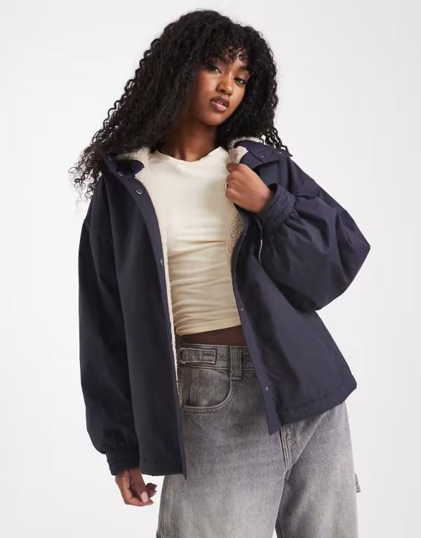 エイソス レディース アウター ジャケット・ブルゾン コート フリース ASOS DESIGN oversized fleece lined rain coat Navy ネイビー
