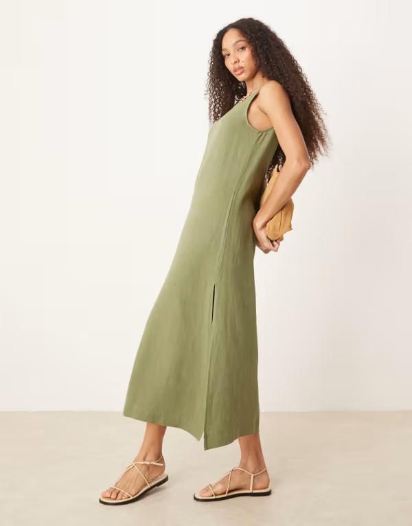 エイソス レディース トップス ワンピース ミディワンピース ミディ リネン ASOS DESIGN scoop neck midi dress in linen in olive Olive オリーブ