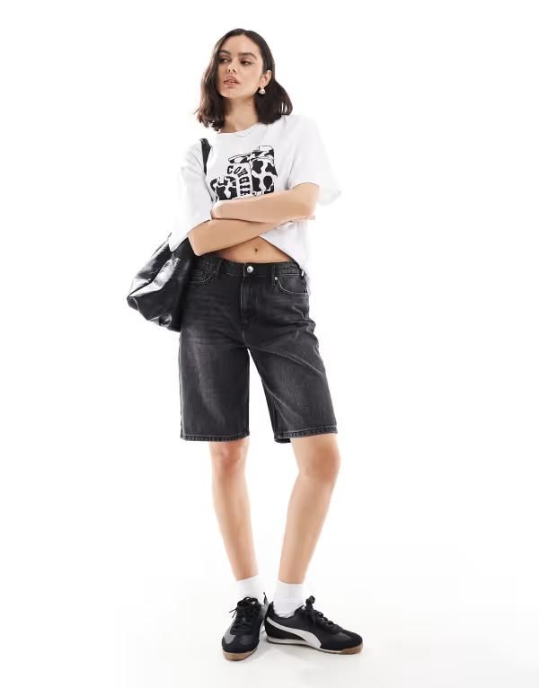 オンリー レディース ボトムス ハーフパンツ・ショーツ デニム ONLY high rise denim jorts in washed Washed Black ブラック
