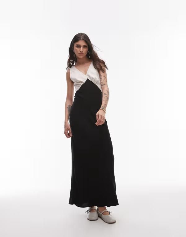 トップショップ レディース トップス ワンピース ミディワンピース ミディ コントラスト リネン Topshop deep v contrast linen midi dress Black ブラック