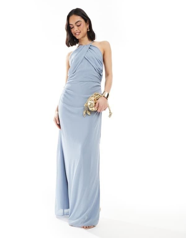 ティエフエヌシー レディース トップス ワンピース マキシワンピース マキシ TFNC Bridesmaid cross front maxi dress with cowl back in dusty Dusty Blue ブルー