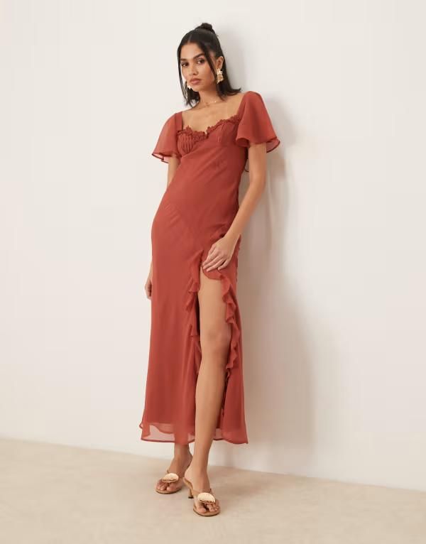エイソス レディース トップス ワンピース オープンバック レーストリム フリル レース ASOS DESIGN flutter sleeve lace trim ruffle slit midaxi dress with open back in rustラ