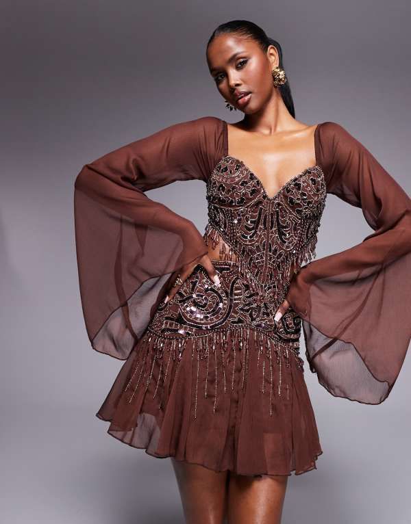 エイソス レディース トップス ワンピース ミニワンピース ミニ レース ASOS DESIGN fluted sleeve mini dress with placement embellishment in chocolate Chocolate チョコレ