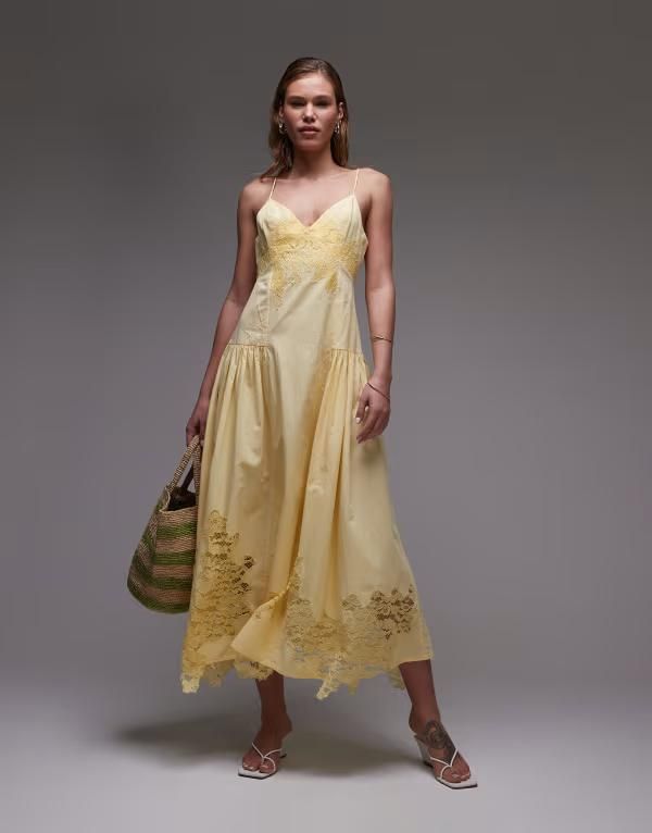 トップショップ レディース トップス ワンピース ミディ レース Topshop cutwork lace poplin midi sundress in lemon LEMON