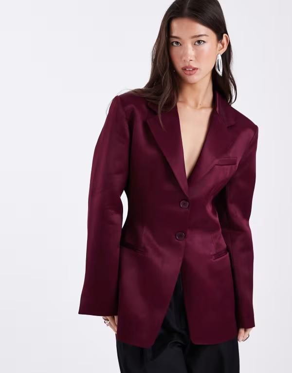 エイソス レディース アウター ジャケット・ブルゾン サテン ブレザー ASOS DESIGN cinched satin blazer in plum プラム