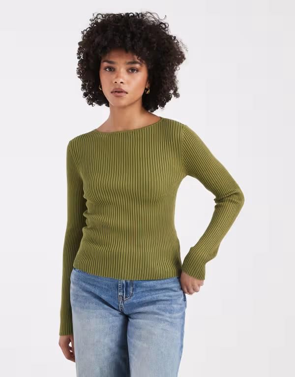 ミスセルフフリッジ レディース トップス Tシャツ リブ ニット Misselfridge knit ribbed slash neck long sleeve top in olive オリーブ 11,186円