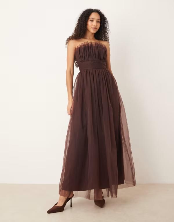 レース アンド ビーズ レディース トップス ワンピース チュール マキシ Lace Beads tulle waistbandeau maxi dress in chocolate plum BROWN ブラウン