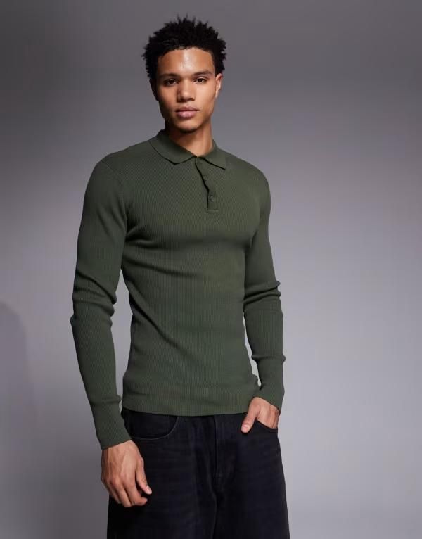 エイソス メンズ トップス ポロシャツ コットン ASOS DESIGN muscle fit long sleeve micro rib polo cotton blend Khaki カーキ