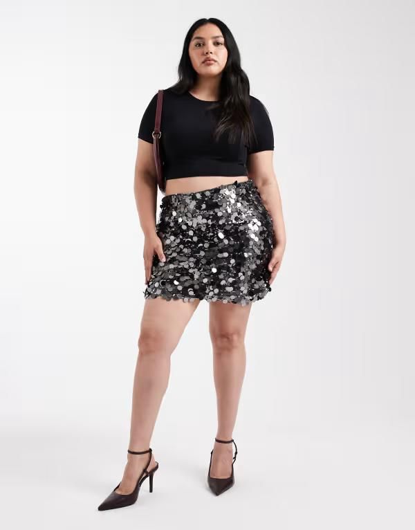 オンリーカーブ レディース ボトムス スカート ミニ スパンコール ONLY Curve disc sequin mini skirt in gunmetal Gray グレー