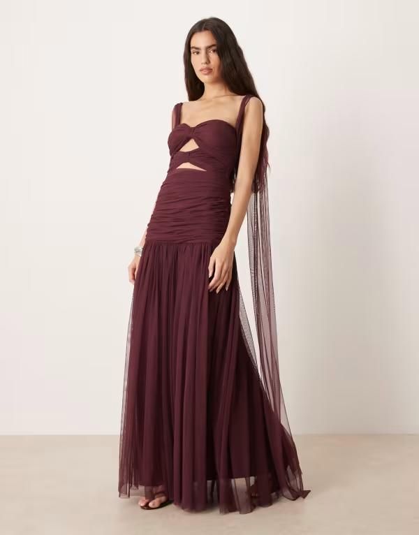 レース アンド ビーズ レディース トップス ワンピース チュール カットアウト マキシ Lace Beads tulle double bow detailing cut out maxi dress in plum プラム