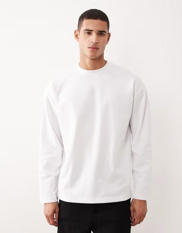 エイソス メンズ トップス Tシャツ コットン ASOS DESIGN breatheMAX heavyweight oversized long sleeve Tshirt cotton blend WHITE ホワイト