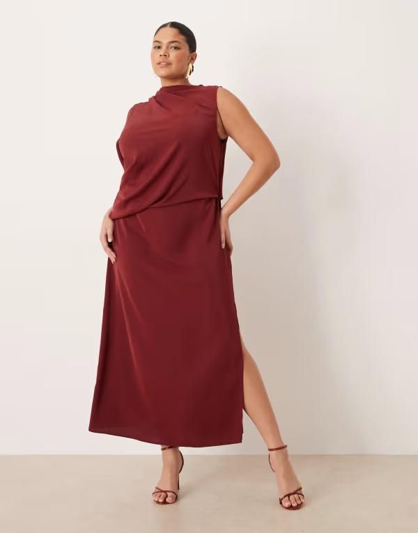 エイソス レディース トップス ワンピース ドレープ ASOS Curve ASOS DESIGN Curve draped onesleeve slinky dress Burgundy バーガンディ