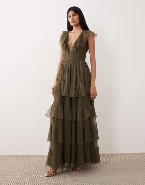 レース アンド ビーズ レディース トップス ワンピース チュール ティアード マキシ Lace Beads Bridesmaid tulle flutter sleeve tiered frills maxi dress in deep olive Deep 32,370円