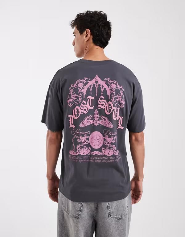 ジャック アンド ジョーンズ メンズ トップス Tシャツ プリント Jack Jones Tshirt with lost soul backprint in charcoal Dark Shadow チャコール