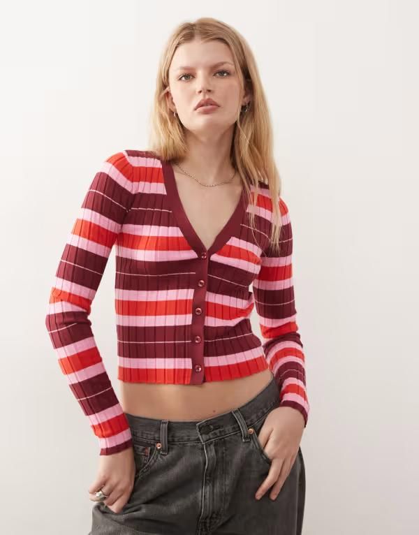 ノイジーメイ レディース アウター カーディガン リブニット Noisy May rib knit cardigan red stripes Tibetan red レッド