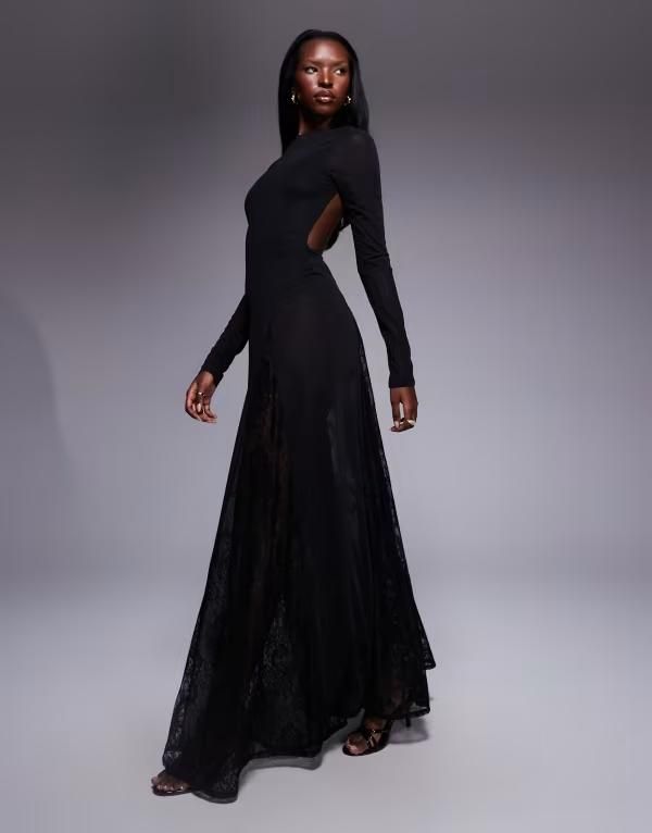 エイソス レディース トップス ワンピース マキシワンピース シアー ボディースーツ レース マキシ ASOS DESIGN long sleeve sheer maxi dress with lace panel godets and bodysuit Bl