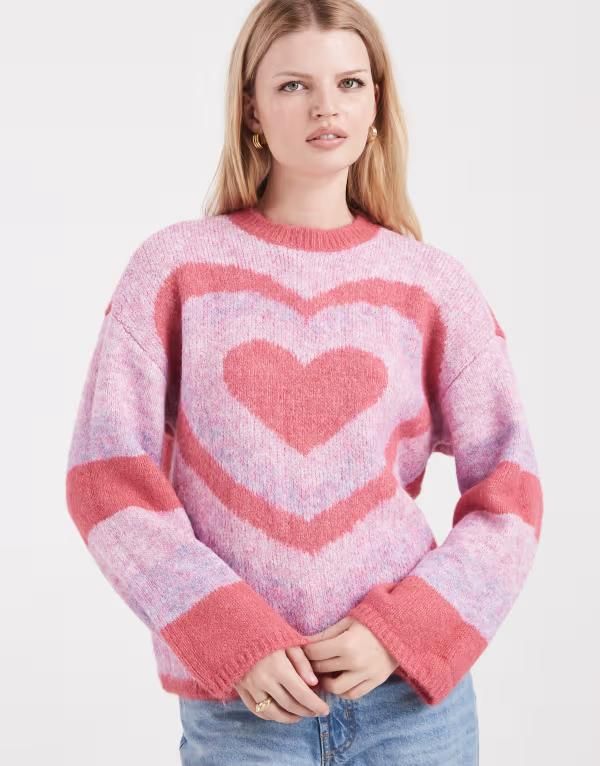 ピーシーズ レディース アウター ニット・セーター プリント Pieces oversized love heart print sweater PinkABoo Sugar ピンク