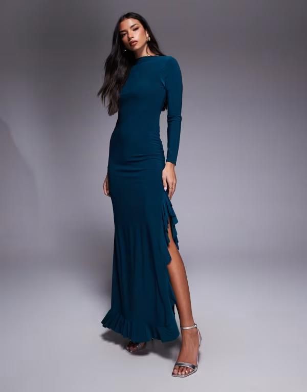 エイソス レディース トップス ワンピース A ライン マキシワンピース マキシ ASOS DESIGN long sleeve frill detail aline maxi dress in teal TEAL ティール