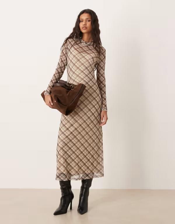 ヴィラ レディース トップス ワンピース ハイネック メッシュ ミディ VILA high neck mesh midi dress plaid BirchI ブラウン