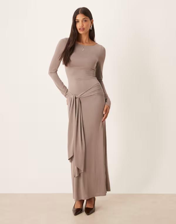 モーテル レディース トップス ワンピース タイディテール マキシワンピース マキシ Motel Zeya long sleeve maxi dress with tie detail Gray グレー