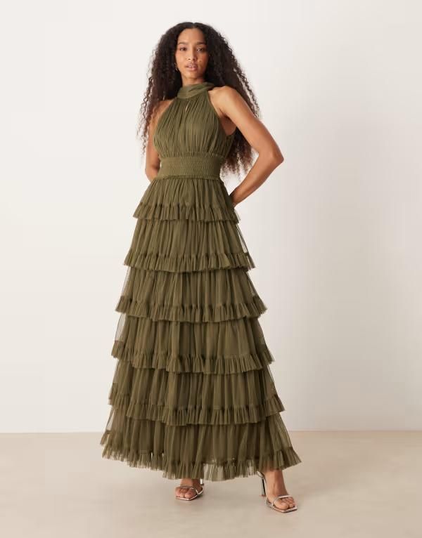 レース アンド ビーズ レディース トップス ワンピース チュール ティアード ハイネック マキシワンピース マキシ Lace Beads high neck tiered tulle maxi dress in olive OLIVE オリーブ