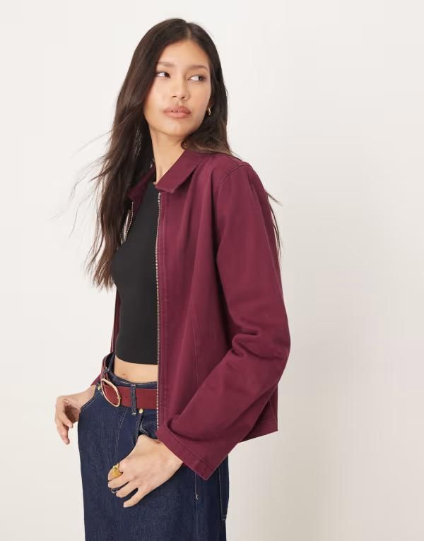 エイソス レディース アウター ジャケット・ブルゾン デニム ジャケット ASOS DESIGN denim Harrington jacket in plum part of a set Burgundy バーガンディ