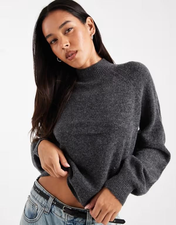 ヴェロモーダ レディース アウター ニット・セーター スタンドネック セーター Vero Moda funnel neck volume sleeve sweater in dark gray melange Dark Gray Melange グレー